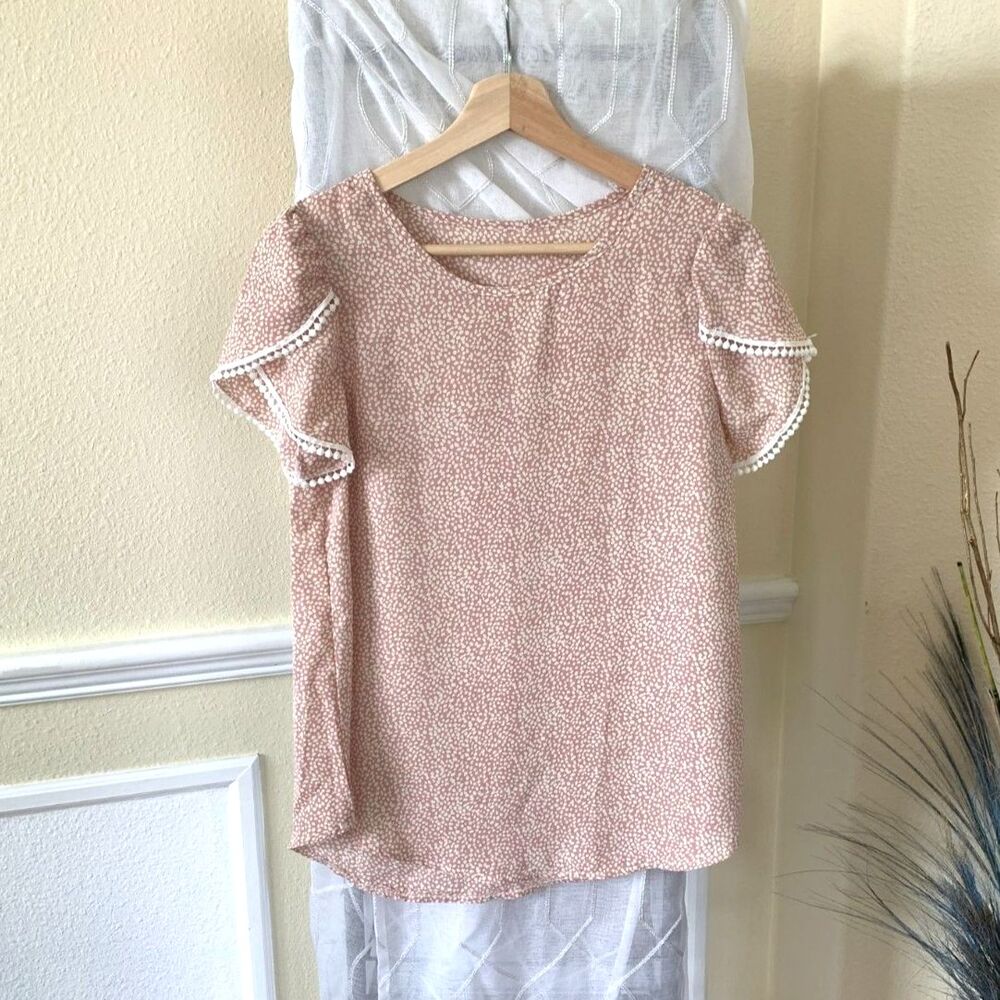 Boho Chic Ditsy Print Flutter Sleeve Blouse with Pom-Pom Trim